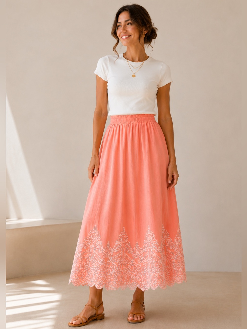 NEW! Ming Wang Embroidered Maxi Pull On Elastic Waist Full Skirt Size XS NWT